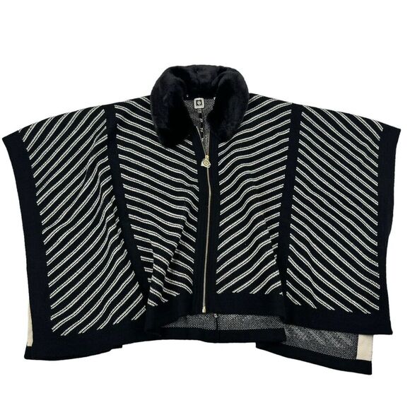 NWOT Anne Klein Black Striped Poncho Zip Front Detachable Faux Fur Collar Sz L - Picture 1 of 7